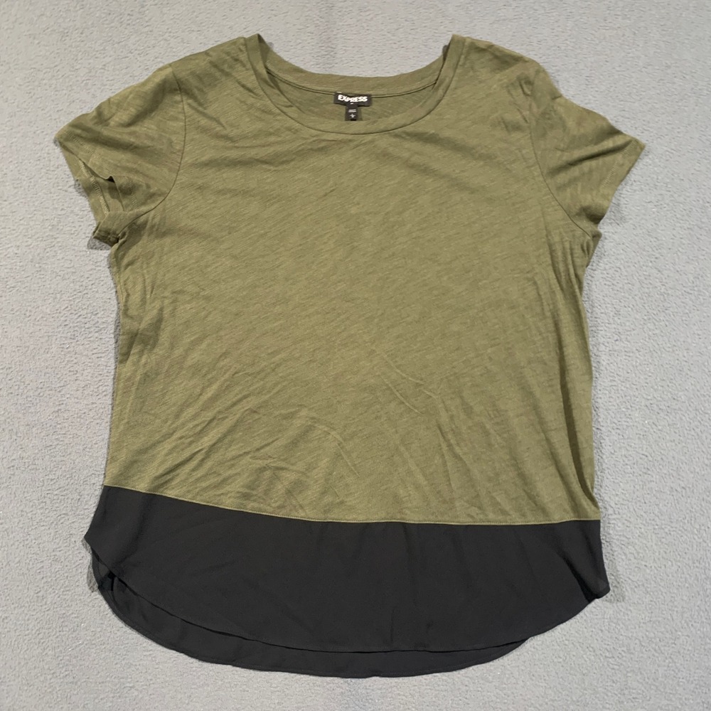Express Colorblock Top Womens Large Olive Green Black Mixed Media Scoop Neck Tee